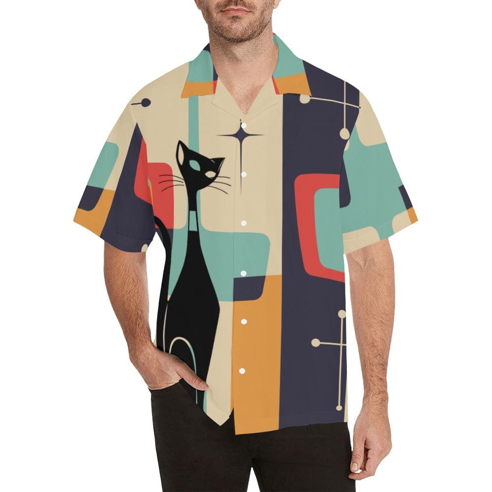 Mid Century Modern Gal Men's Hawaiian Shirt, Mcm Retro, Starburst, Beige, Teal, Yellow, Astro Mid Century Modern Casual Summer Party Shirt, L / Black