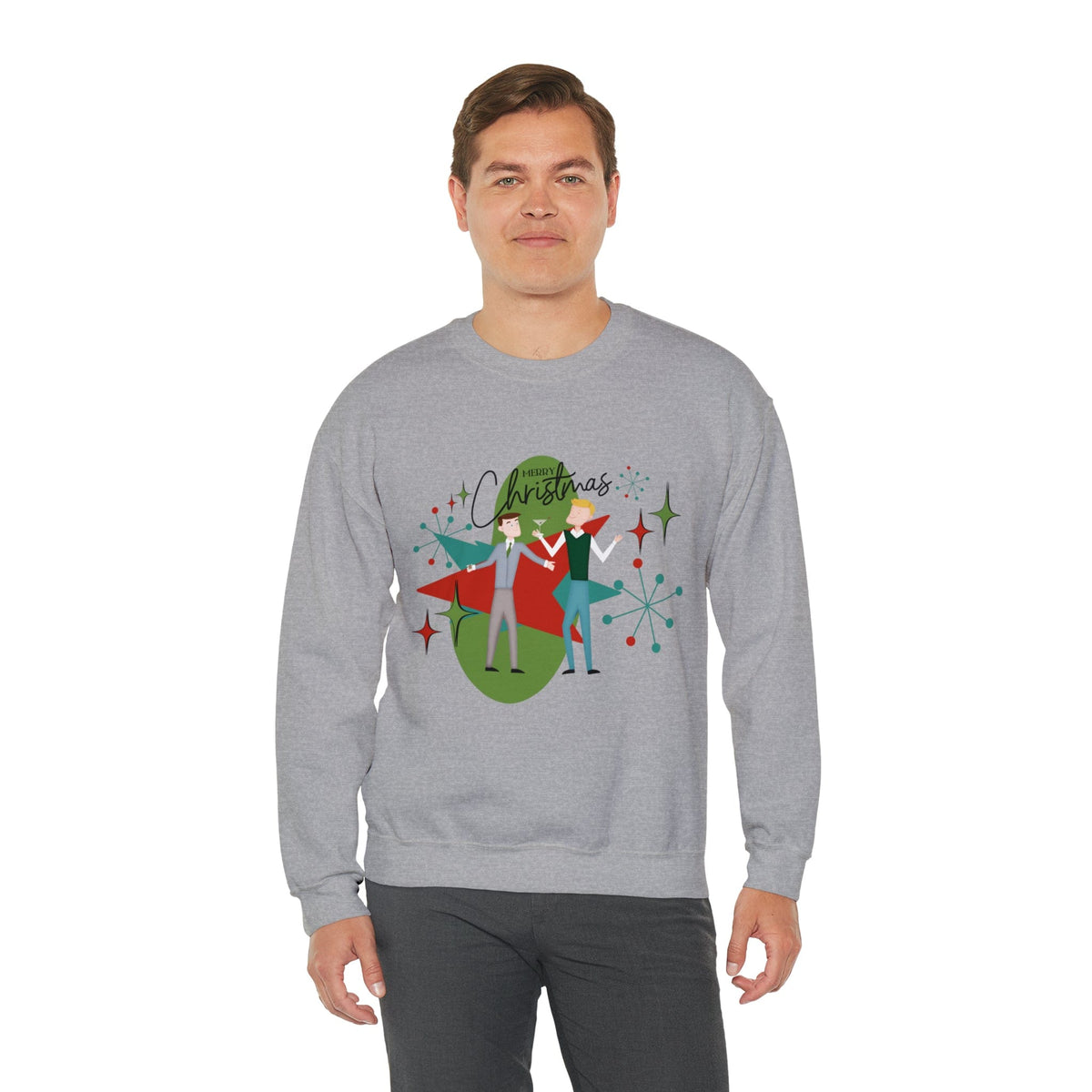 Mid Century Modern Men Couples Sweatshirt, Gay Couple, Retro Holidaay Heavy Blend™ Crewneck Sweatshirt Sweatshirt S / Sport Grey