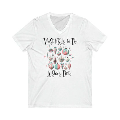 Mid Century Modern Christmas T-Shirt, Most Likely To Be A Starbright Ornaments, Unisex Jersey Short Sleeve V-Neck Tee V-neck S / White