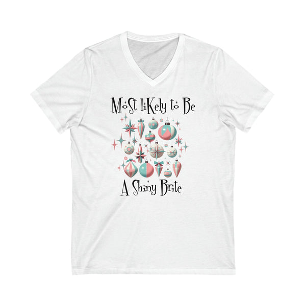 Mid Century Modern Christmas T-Shirt, Most Likely To Be A Star Brite Ornaments, Unisex Jersey Short Sleeve V-Neck Tee