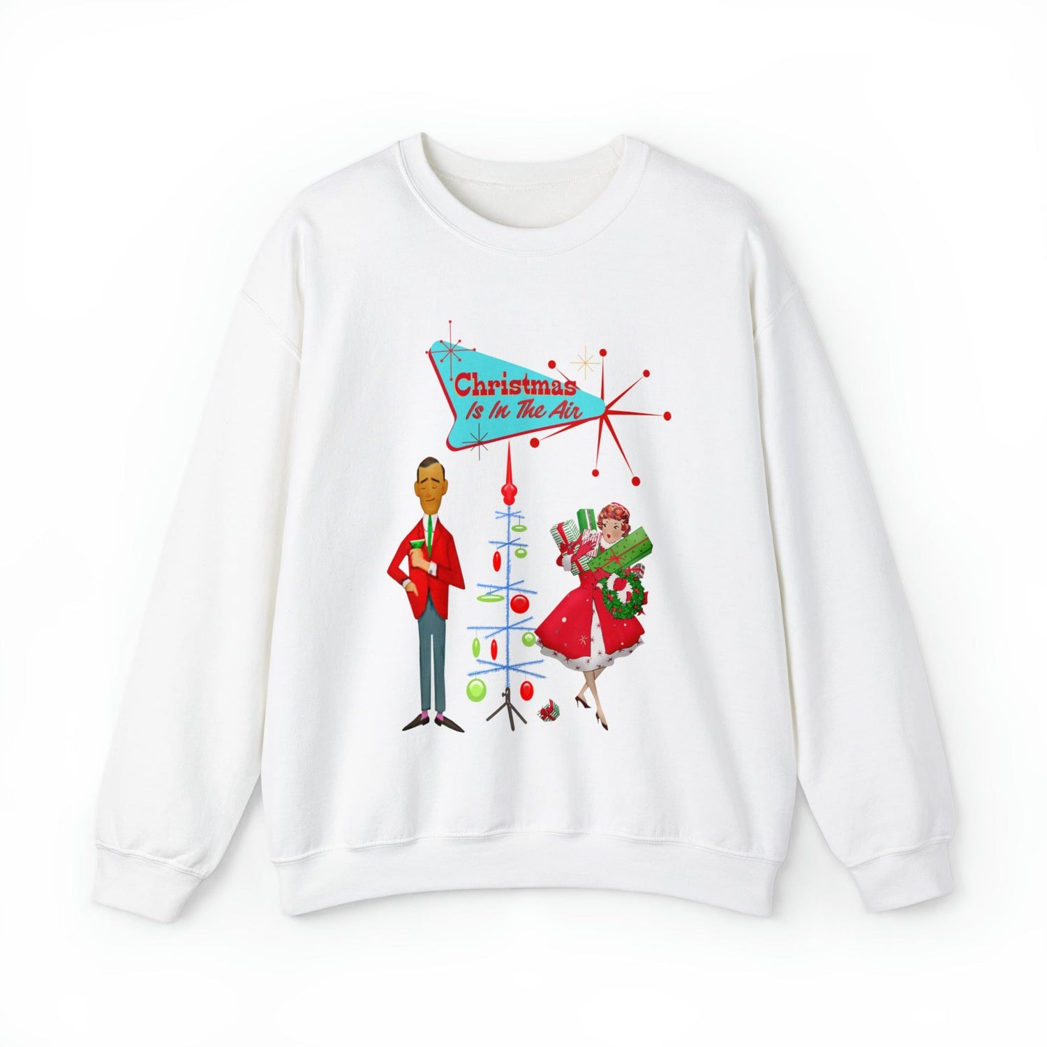 Retro Holiday, Christmas Party, Mid Century Mod, Kitschy Christmas Unisex Heavy Blend™ Crewneck Sweatshirt Sweatshirt S / White