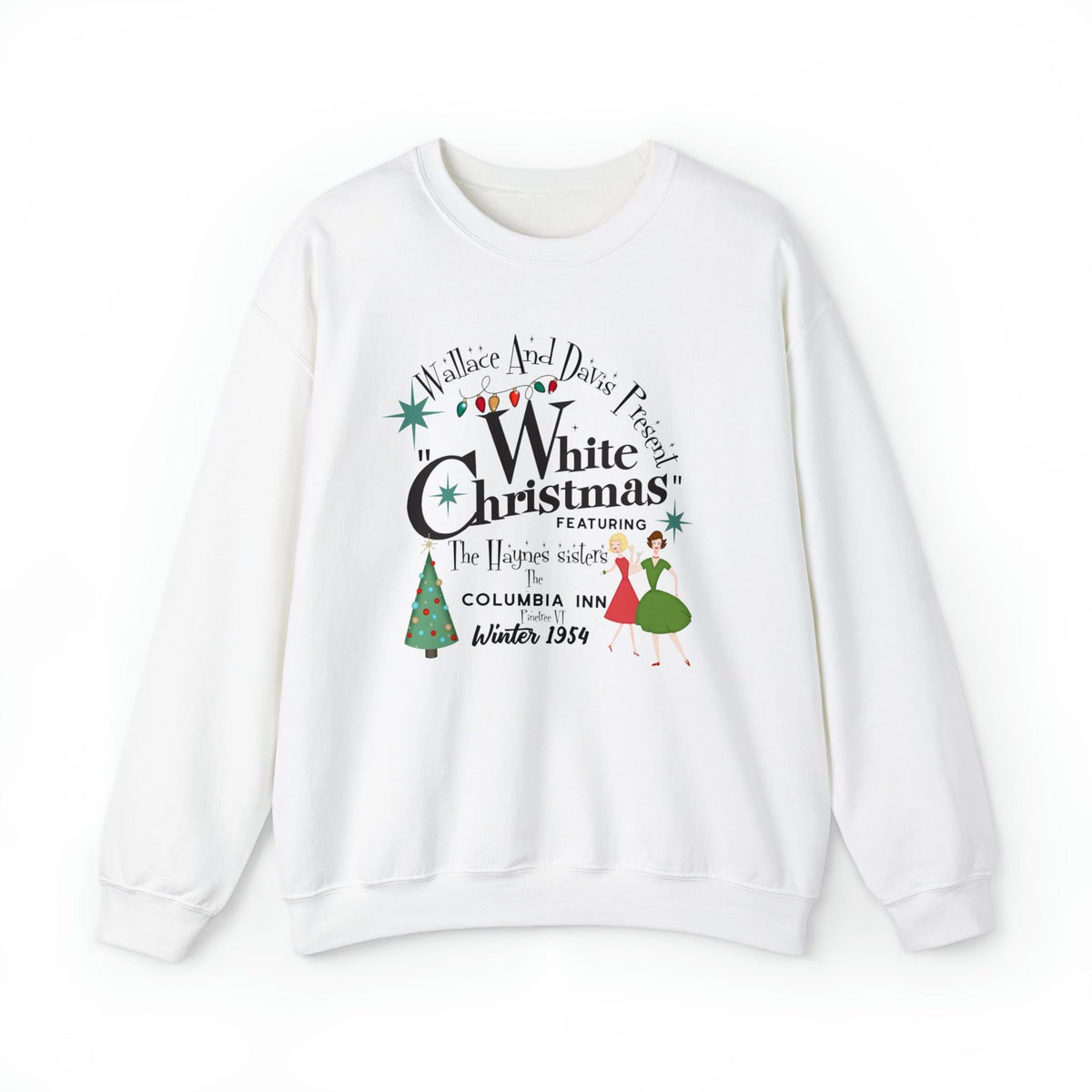 The Haynes Sisters, Wallace And Davis Present White Christmas, Kitschy 50's Mid Century Modern Christmas Crewneck Sweatshirt Sweatshirt S / White