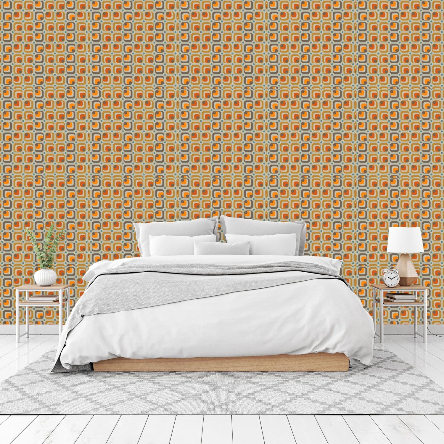 Mid Century Modern, Geometric, Taupe, Gray, Orange, Peel And Stick Wallpaper Panels Wallpaper Sample H12 x W20&quot;