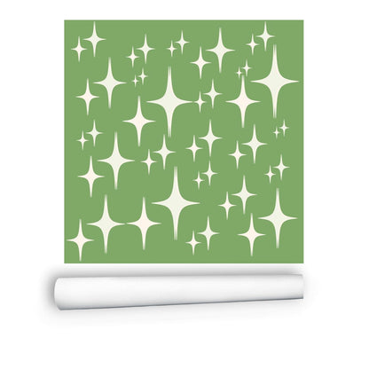 Mid Century Modern Wallpaper, Atomic Starbursts, Green 50&