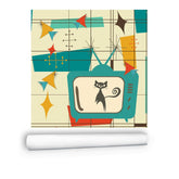 Mid Century Modern Wallpaper, Geometric, Space Atomic Cat, Kitschy Peel And Stick Wall Murals Wallpaper Sample H12 x W20