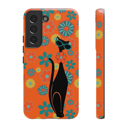 Flower Power, Retro Groovy Atomic Cat, Hipster Style Orange Samsung Galaxy and Google Pixel Tough Cases Phone Case Samsung Galaxy S22 / Glossy