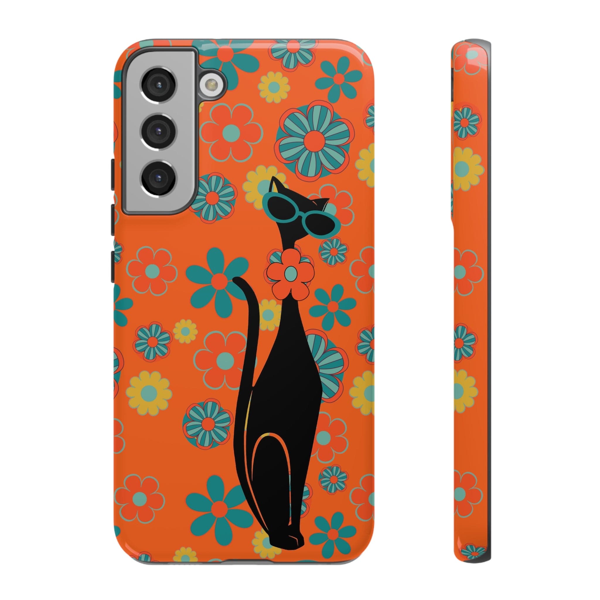 Flower Power, Retro Groovy Atomic Cat, Hipster Style Orange Samsung Galaxy and Google Pixel Tough Cases Phone Case Samsung Galaxy S22 Plus / Glossy