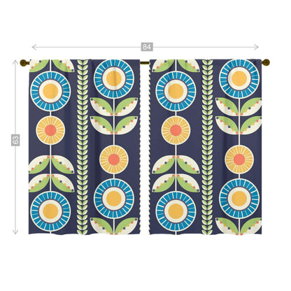 Scandinavian Blue, Green And Orange, Retro Folk Art Flower, Window Curtains (two panels) Curtains