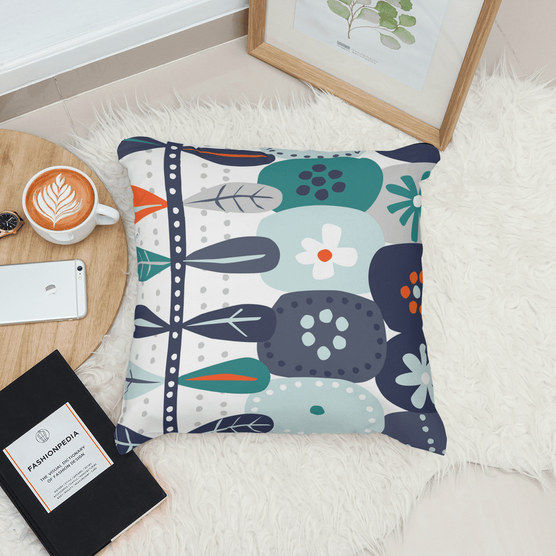 Scandinavian Modern Danish, Hygge Nordic, Mod Flower, Blue, Teal, Orange, Mist Blue, Geometric Flower, Pillow And Insert Home Decor