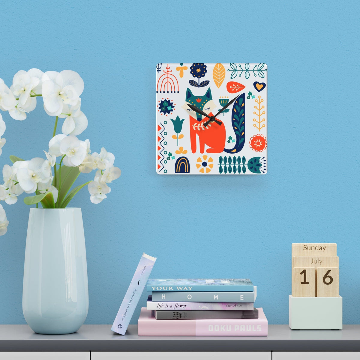 Scandinavian, Retro Modern Danish Fox Floral Acrylic Wall Clock Home Decor