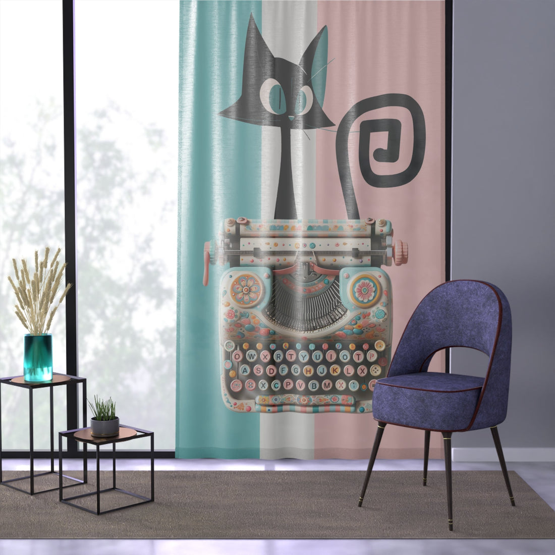 Atomic Cat, Kitschy Cute, Retro Typewriter, Office Sheer Pink, Aqua White, Window Curtain Home Decor Sheer / White / 50&quot; × 84&quot;