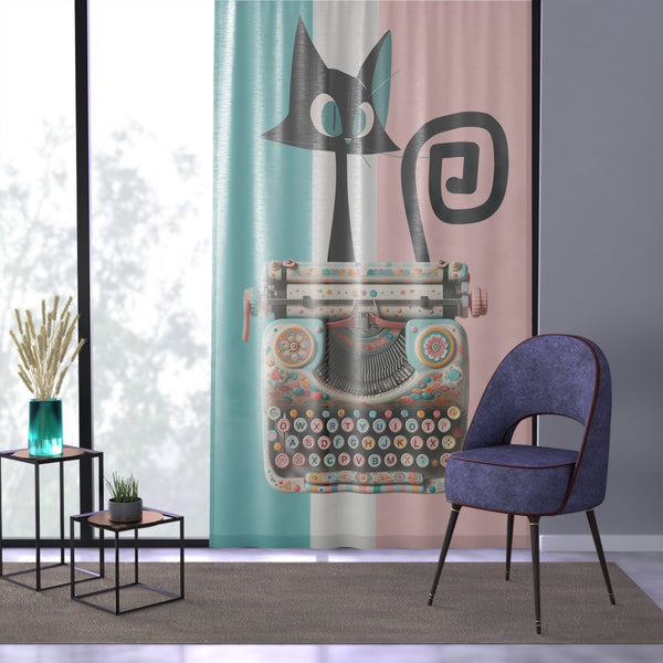 Atomic Cat, Kitschy Cute, Retro Typewriter, Office Sheer Pink, Aqua White, Window Curtain