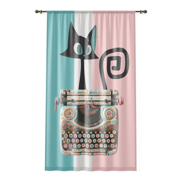Atomic Cat, Kitschy Cute, Retro Typewriter, Office Sheer Pink, Aqua White, Window Curtain