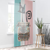 Atomic Cat, Kitschy Cute, Retro Typewriter, Office Sheer Pink, Aqua White, Window Curtain Home Decor Sheer / White / 50" × 84"