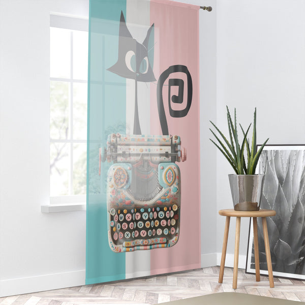 Atomic Cat, Kitschy Cute, Retro Typewriter, Office Sheer Pink, Aqua White, Window Curtain