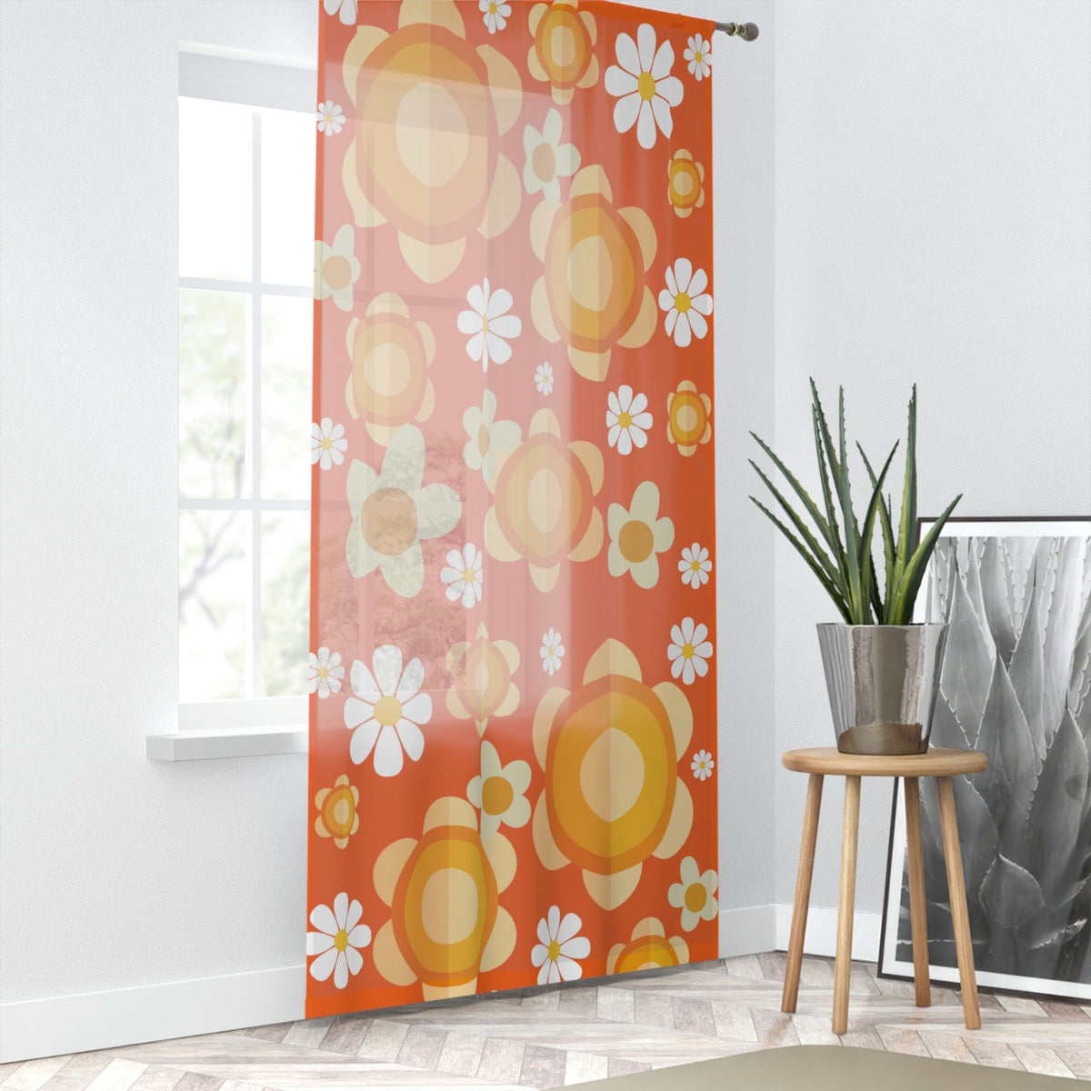 Flower Power, Groovy Mod, Flower Child Of The 70's Sheer Window Curtain Home Decor Sheer / White / 50" × 84"