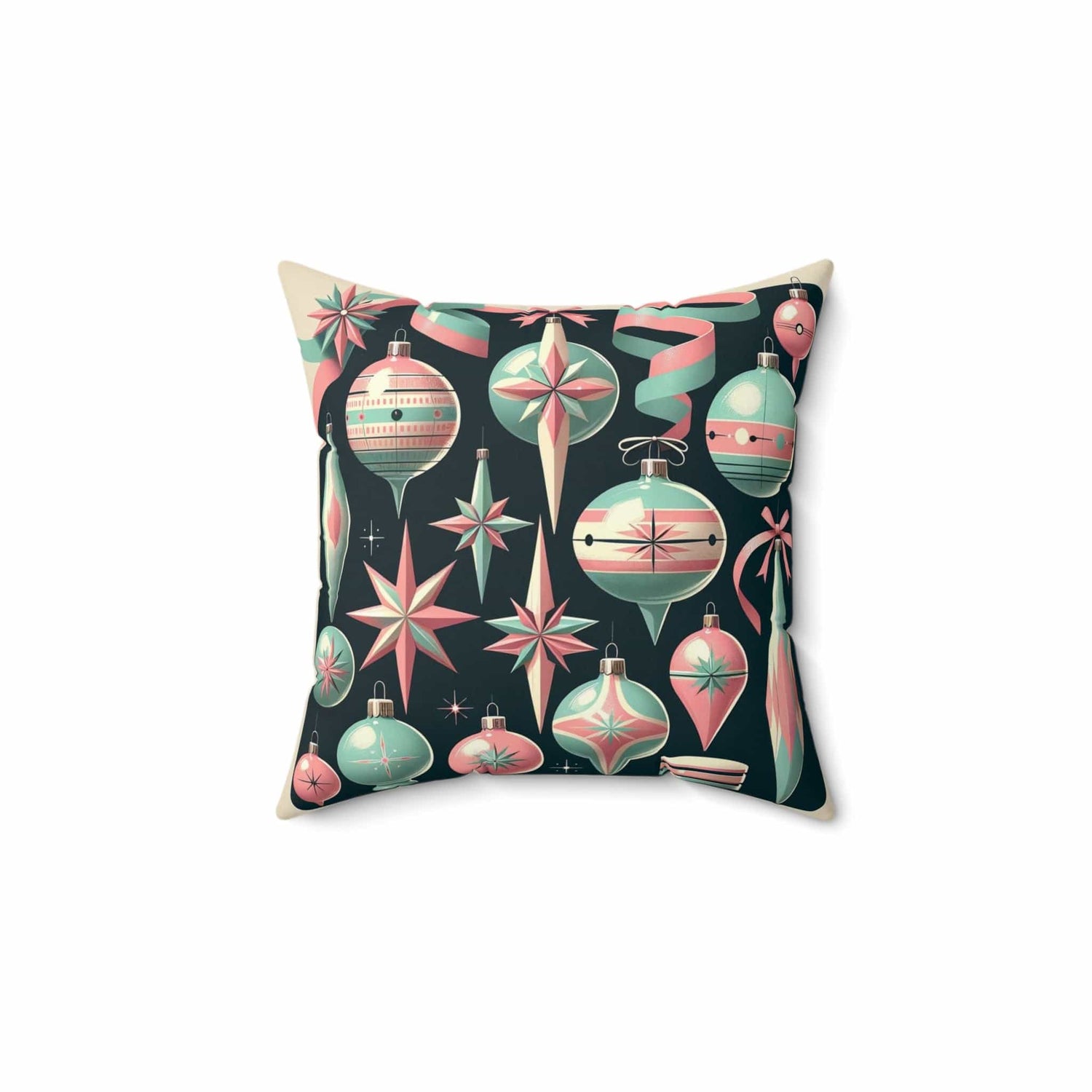 Shiny Brite Ornaments Mid Century Modern Christmas Pillow, Pink, Aqua, MCM Pillow And Insert Home Decor