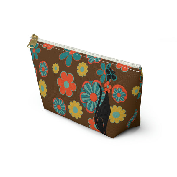 70's Flower Power, Retro Groovy Atomic Cat, Brown, Orange, Teal Accessory Makeup Pouch w T-bottom
