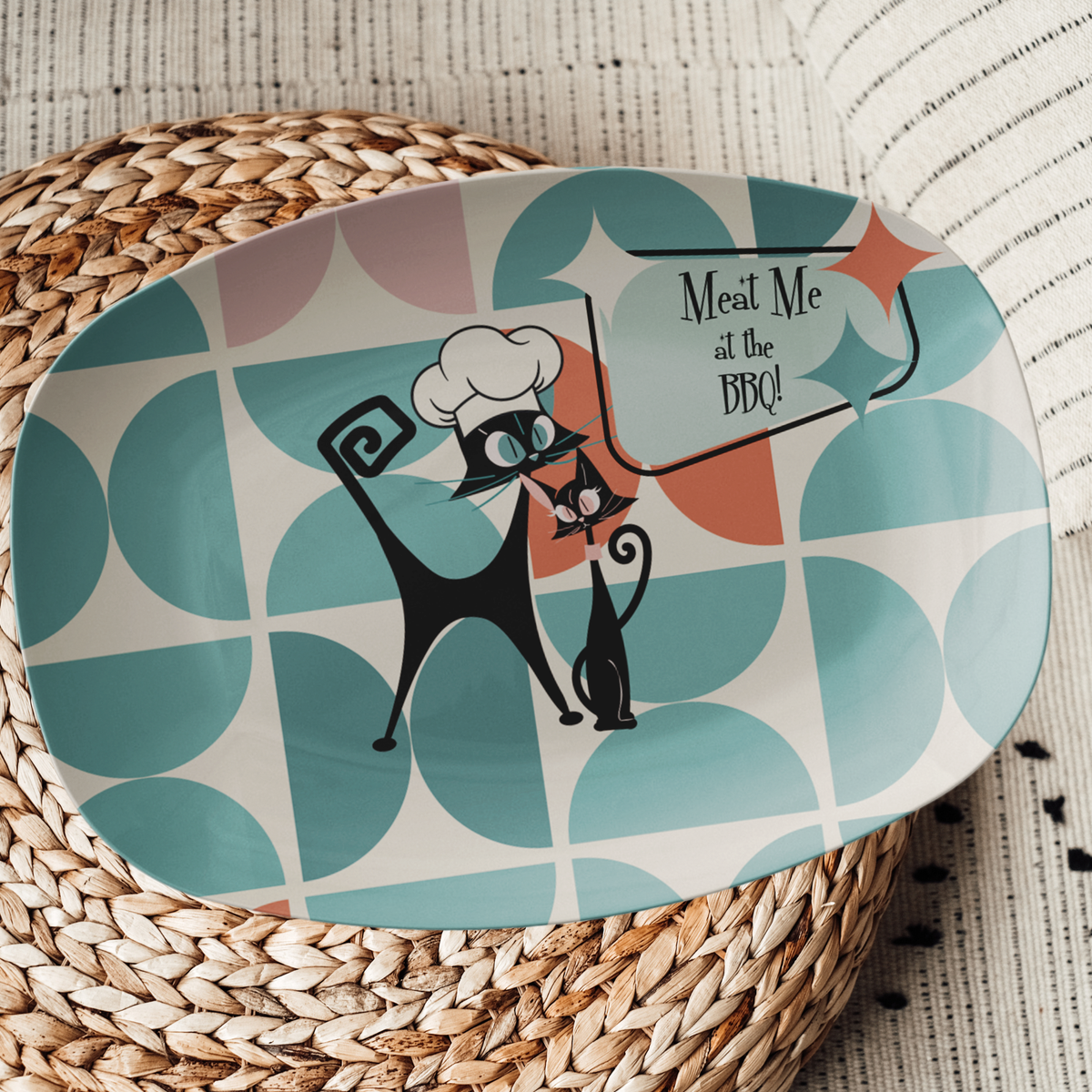 Atomic Cat Platter, Kitschy Cute Dad Grilling Platter Gift - Mid Century Modern Gal