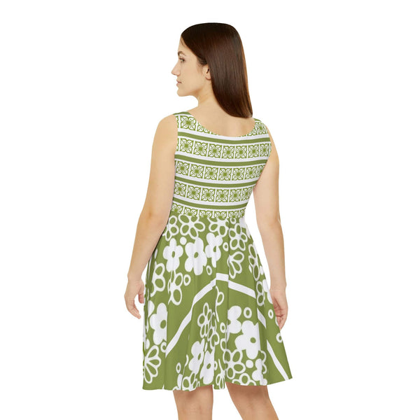 Spring Blossom, Verde, Spring Summer Retro Green Women's Skater Dress