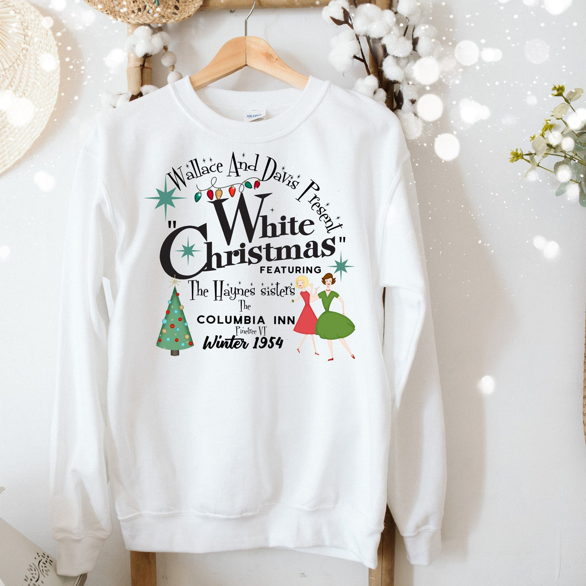 The Haynes Sisters, Wallace And Davis Present White Christmas, Kitschy 50's Mid Century Modern Christmas Crewneck Sweatshirt Sweatshirt
