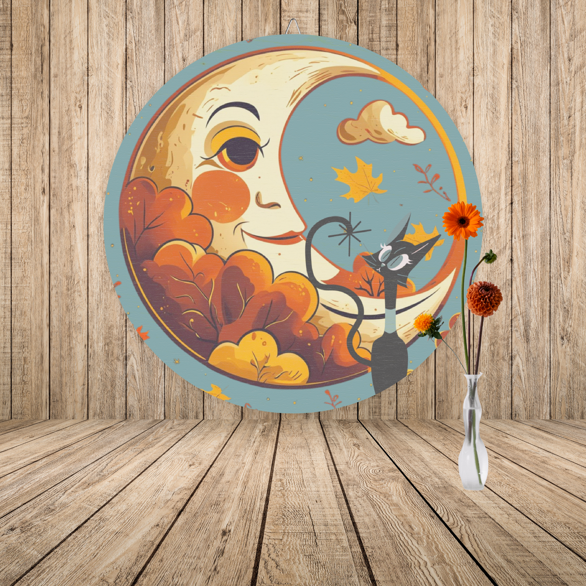 Harvest Half Moon, Kitschy Atomic Cat MCM Wood Sign Seasonal Decor - Mid Century Modern Gal