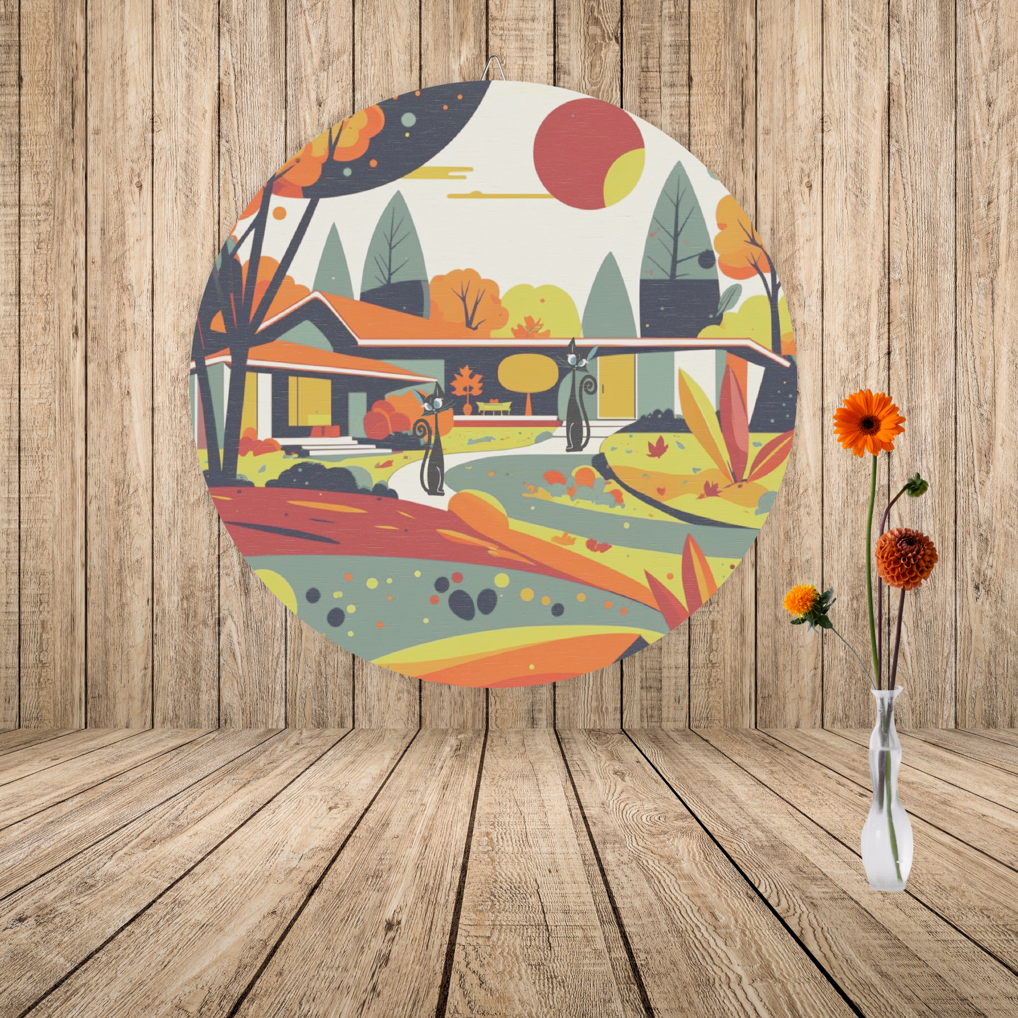 Mid Century Modern Scandinvian Mod Home, Atomic Cat Harvest Season Wood Sign - Mid Century Modern Gal