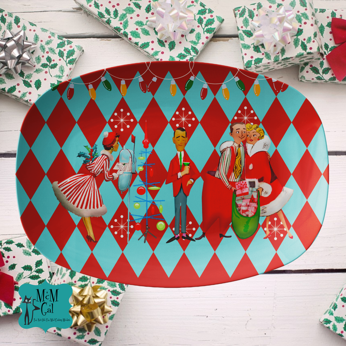 Mid Century Modern 50s Holiday Kitsch, Red, Aqua Vintage Christmas Table Party Platter - Mid Century Modern Gal