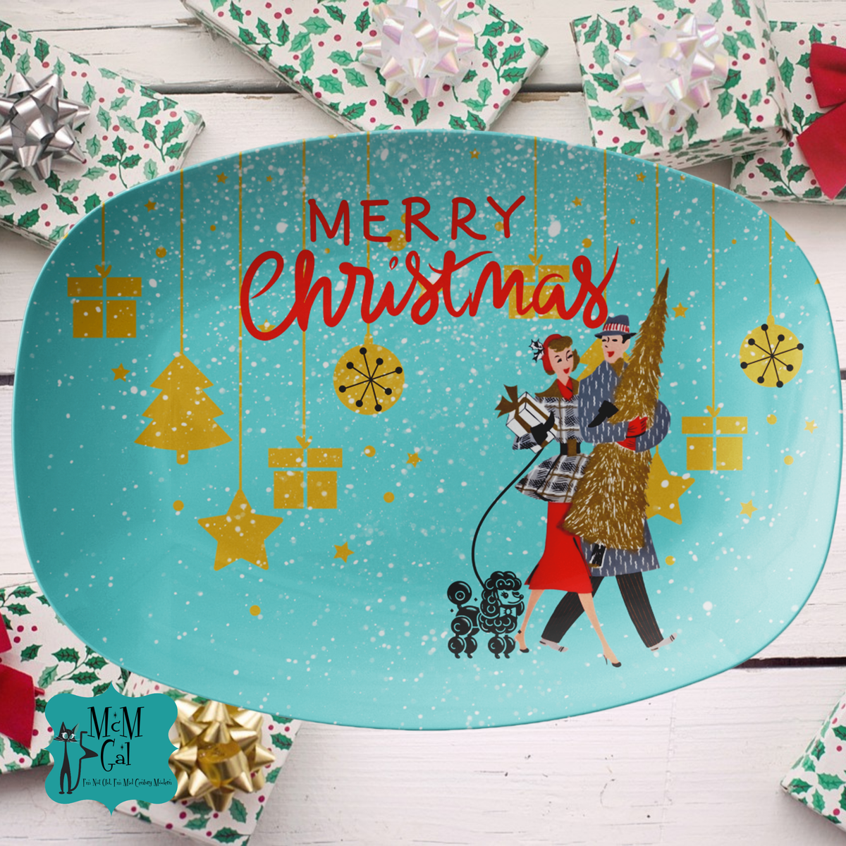 Vintage Retro Kitschy 50s Card Art Christmas Party Platter Mid Century Tableware - Mid Century Modern Gal