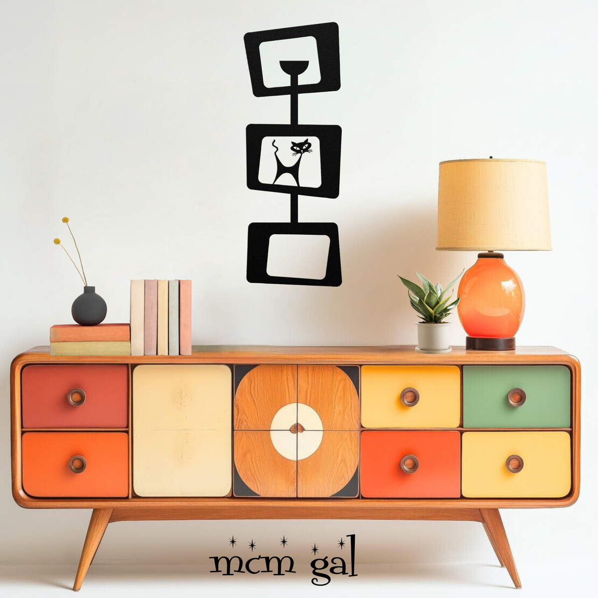 Mid Century Modern Geometric Metal Wall Art With Atomic Kitty - Mid Century Modern Gal