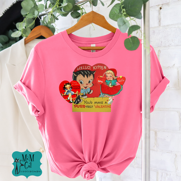 Vintage Valentine Cards Retro Tee, Purr-fect Valentine Tee