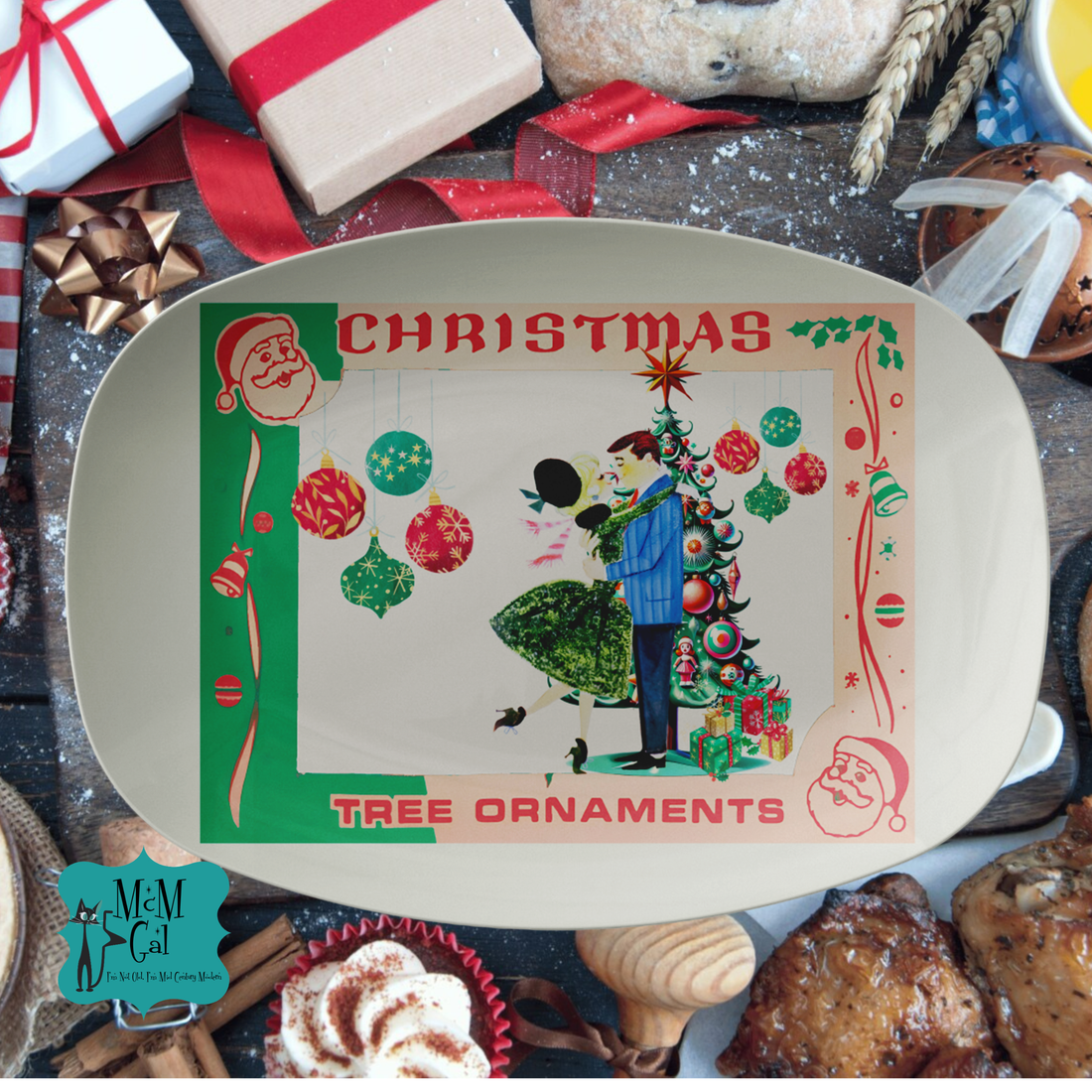 1950s Kitschy Christmas Platter, Shiny Brite, Mid Century Modern Christmas Party Serving Platter, Holiday Gift - Mid Century Modern Gal