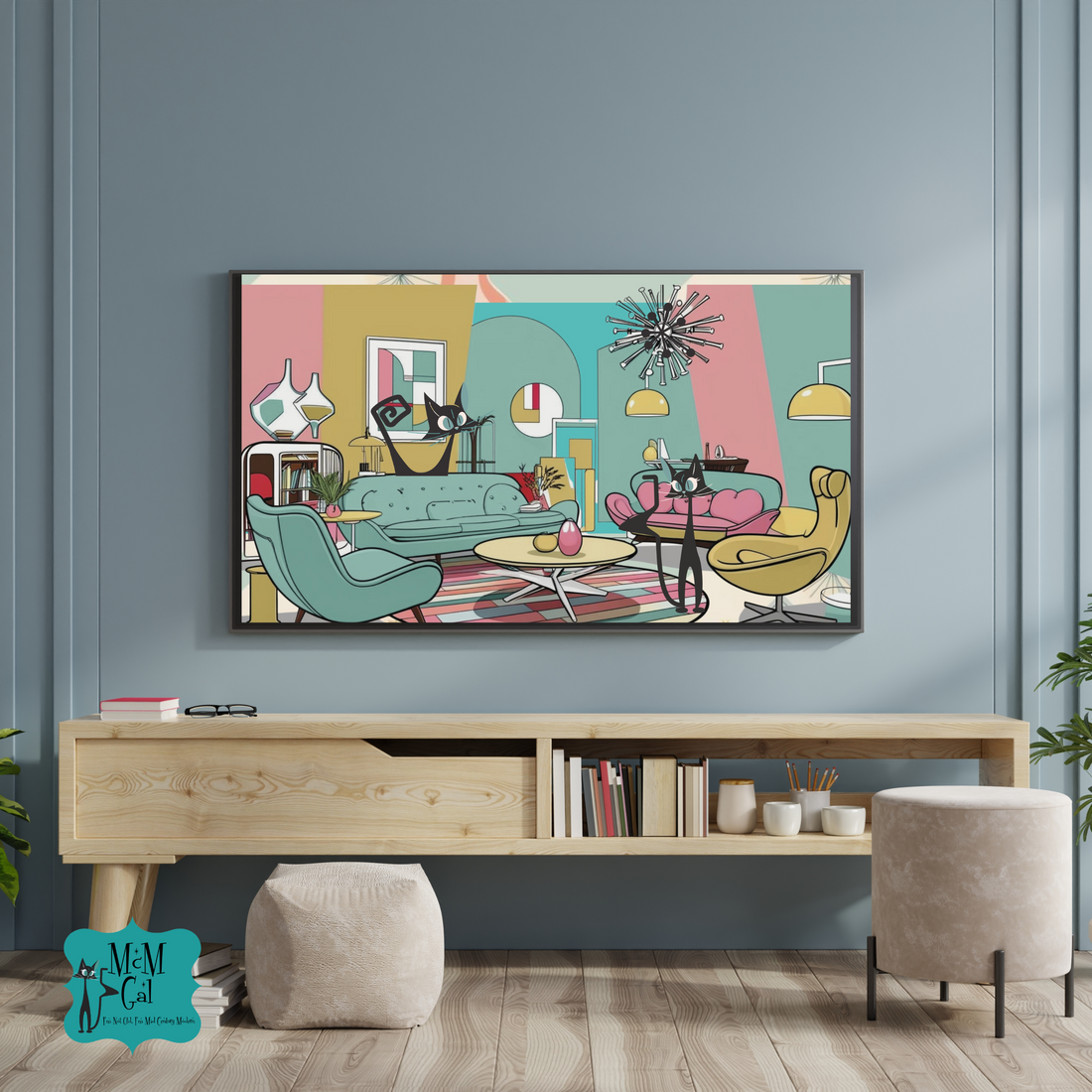 Mid Century Modern Atomic Cats Samsung TV Smart Frame Art - Mid Century Modern Gal