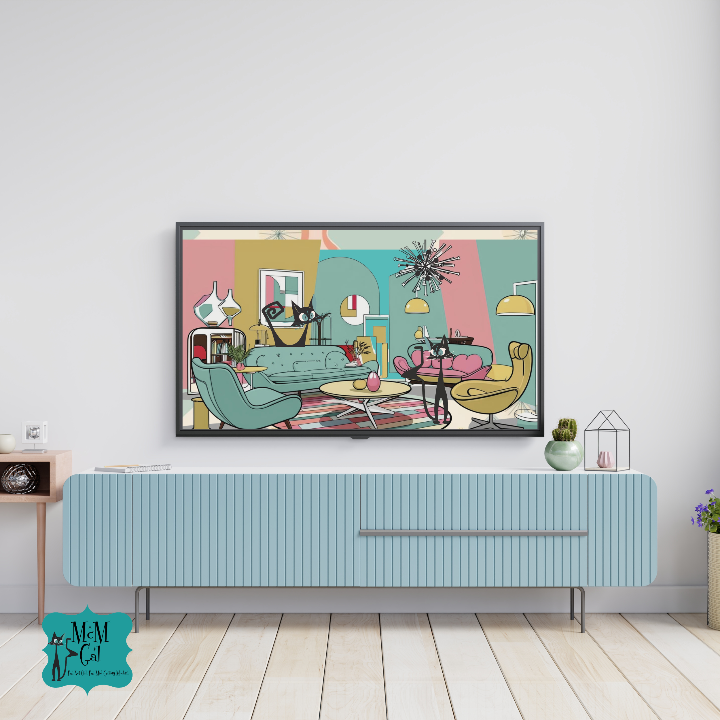 Mid Century Modern Atomic Cats Samsung TV Smart Frame Art - Mid Century Modern Gal