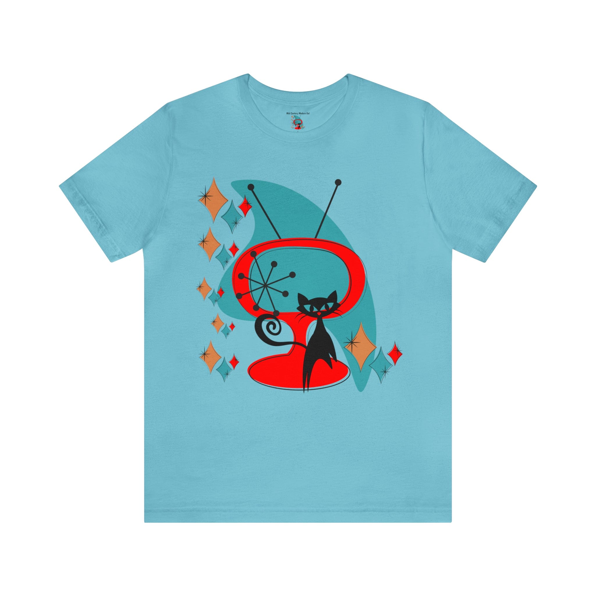 Atomic Cat Designs, Mid Century Modern Kitschy Fun Unisex Jersey Short Sleeve Tee T-Shirt Turquoise / S