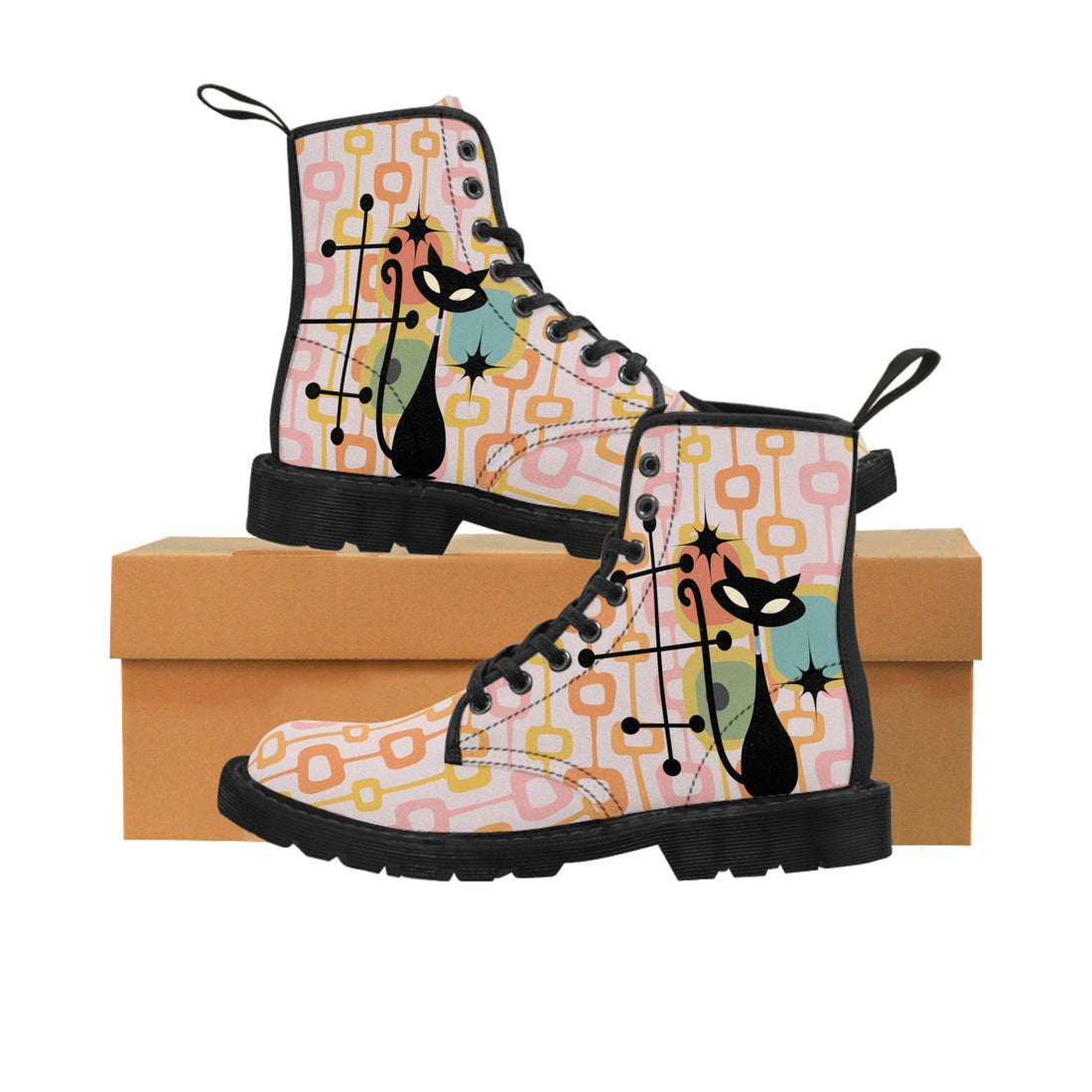 Atomic Cat, Mid Century Modern, Geometric, Pink, Orange, Retro Apparel, Fall Boots, Funky Fun Designs By Mid Century Modern Gal Shoes US 6.5 / Black sole
