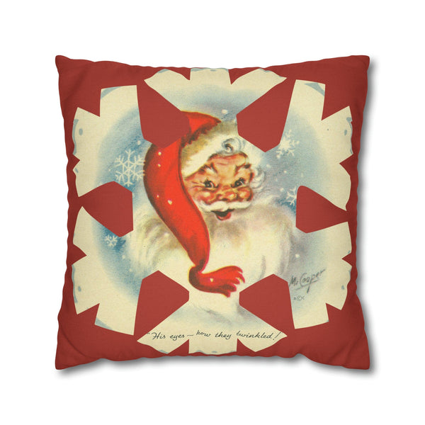 Vintage Smiling Santa, Red Christmas Snowflake Pillow Cover