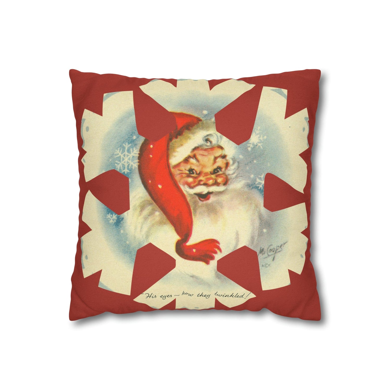 Vintage Smiling Santa, Red Christmas Snowflake Pillow Cover Home Decor