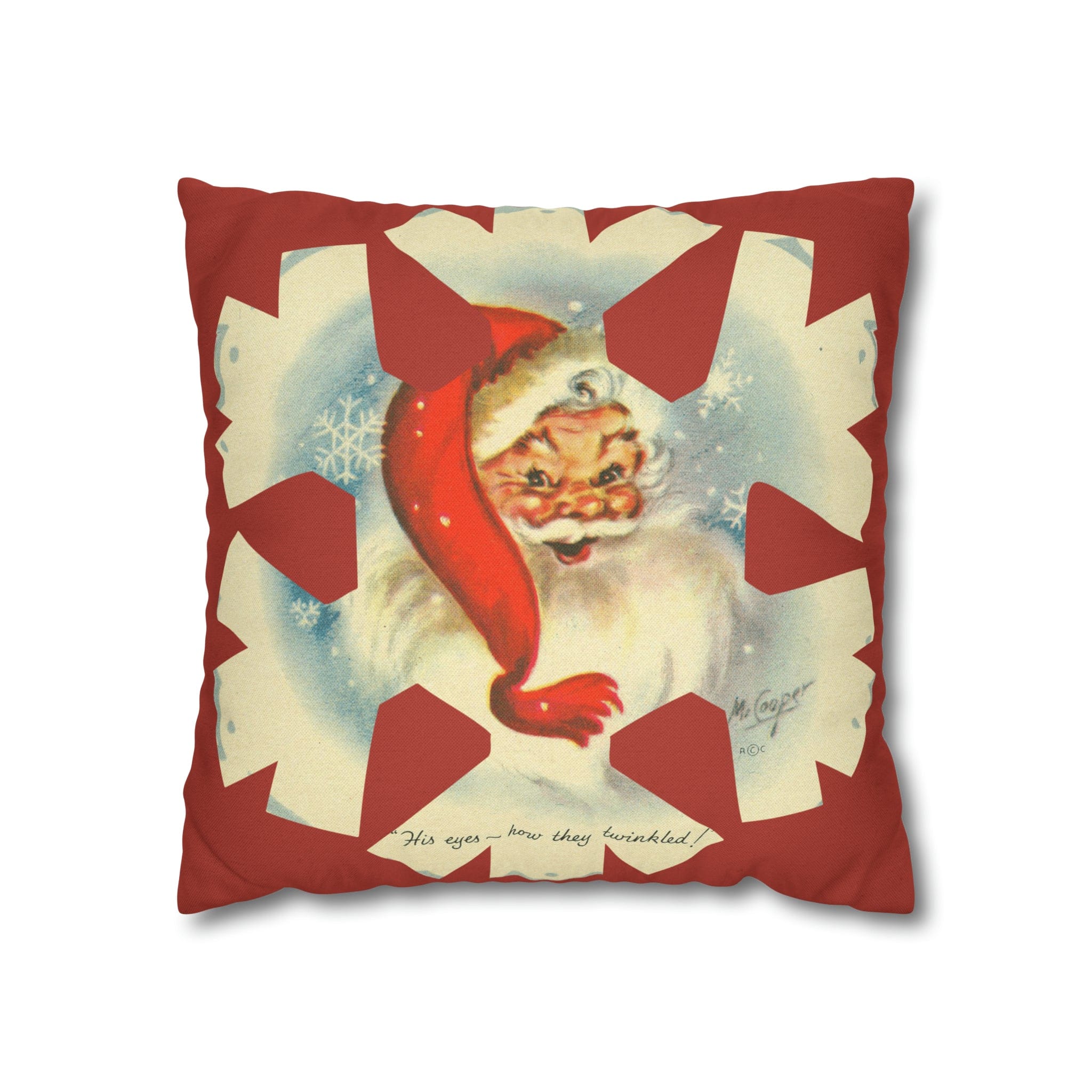 Vintage Smiling Santa, Red Christmas Snowflake Pillow Cover Home Decor