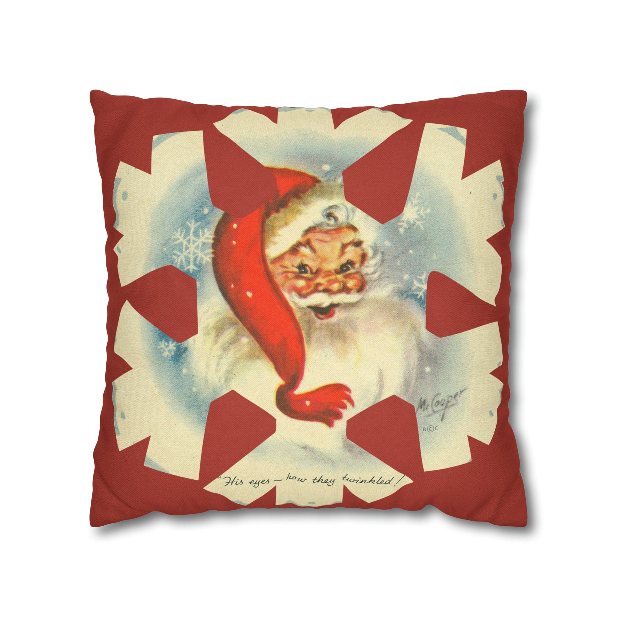 Vintage Smiling Santa, Red Christmas Snowflake Pillow Cover Home Decor