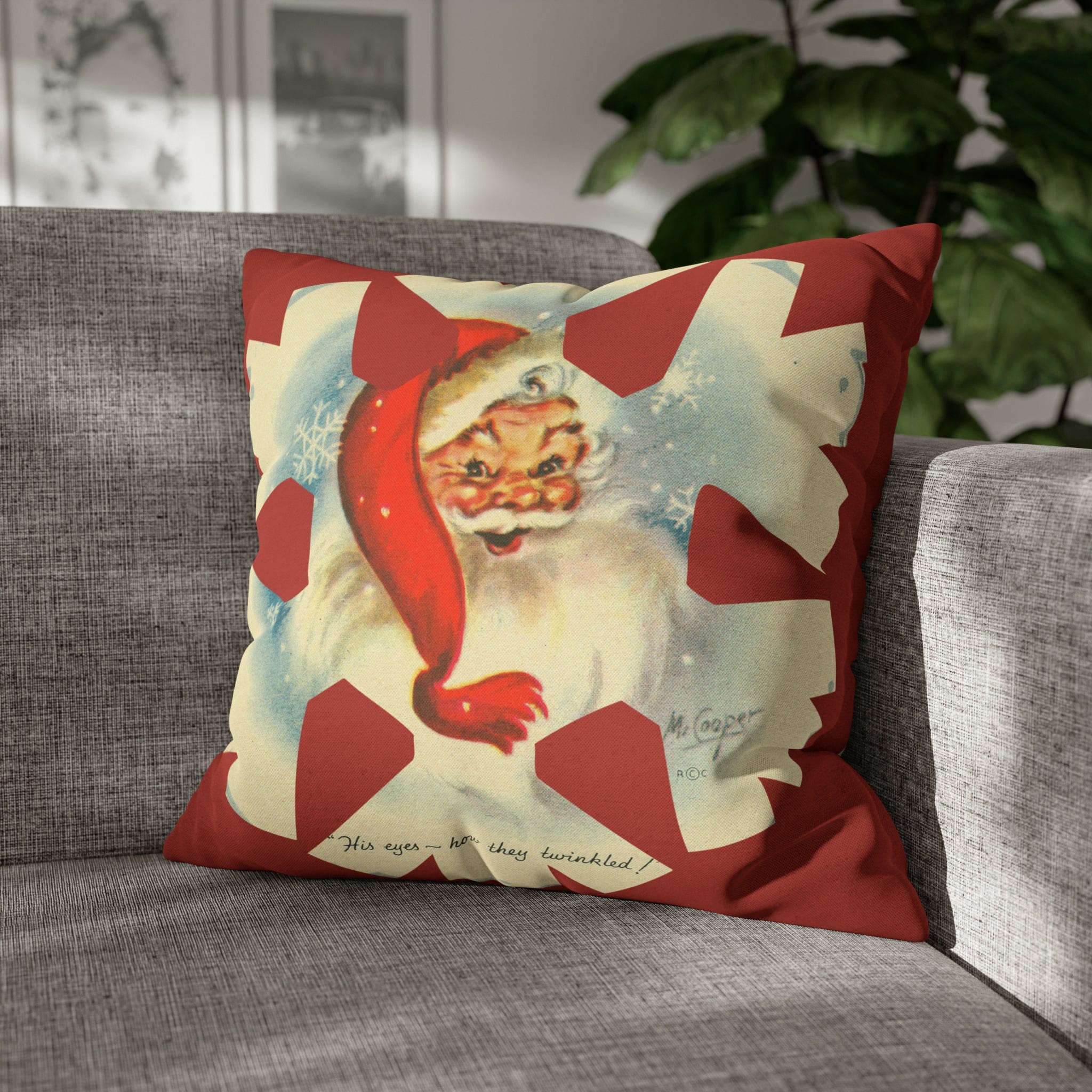 Vintage Smiling Santa, Red Christmas Snowflake Pillow Cover Home Decor