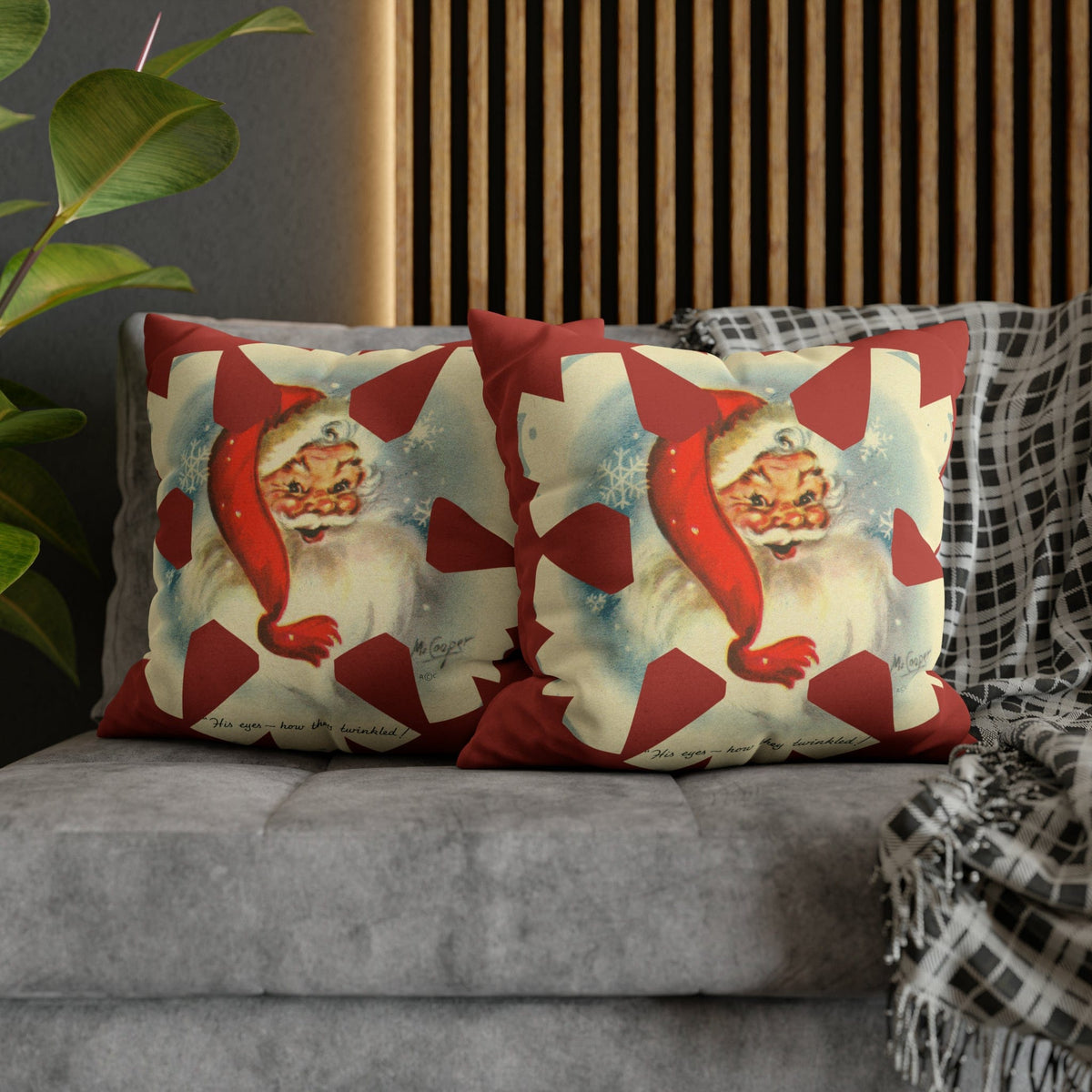 Vintage Smiling Santa, Red Christmas Snowflake Pillow Cover Home Decor