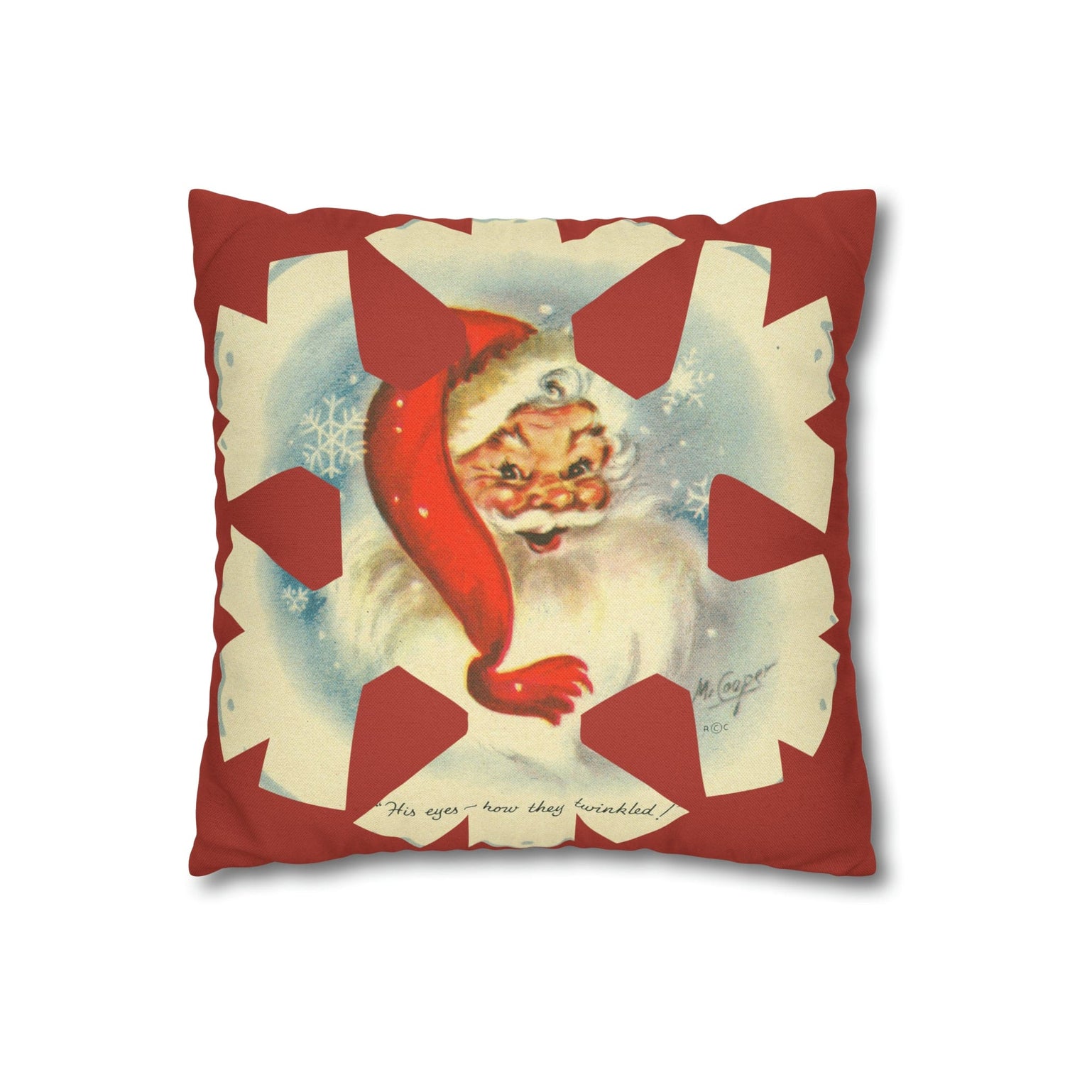 Vintage Smiling Santa, Red Christmas Snowflake Pillow Cover Home Decor