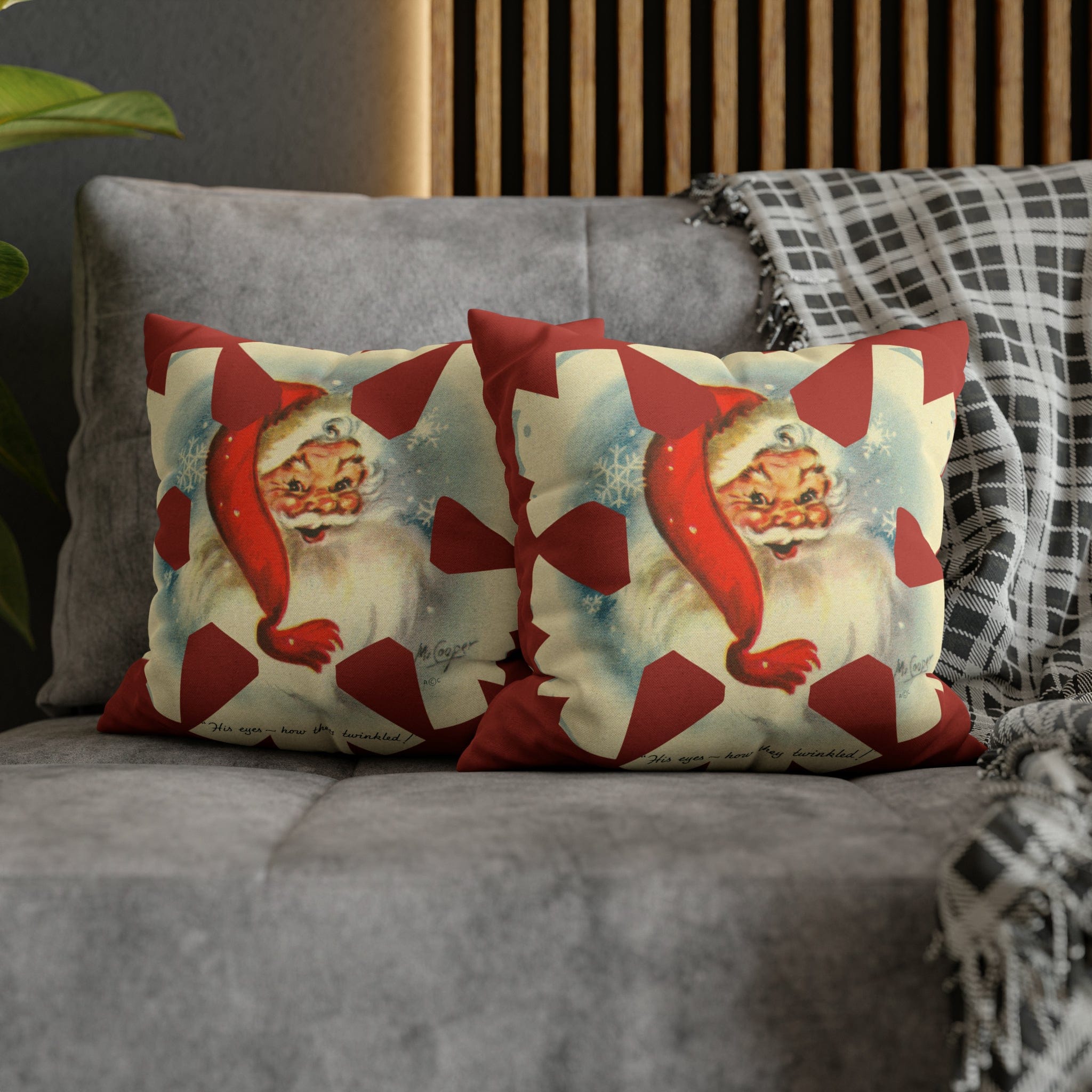 Vintage Smiling Santa, Red Christmas Snowflake Pillow Cover Home Decor