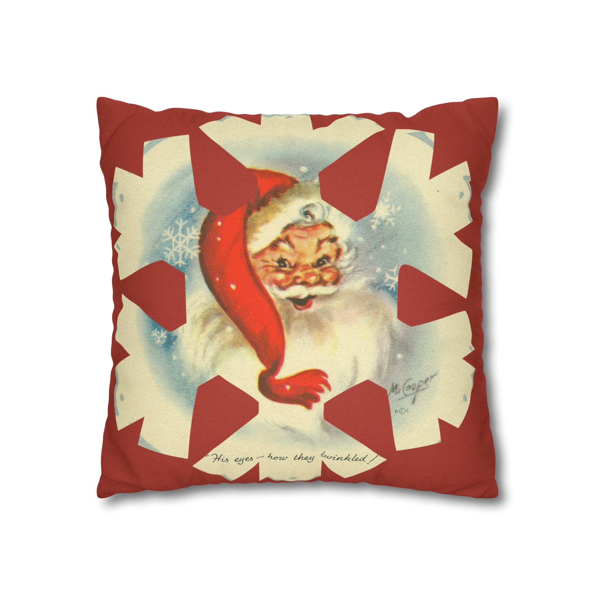 Vintage Smiling Santa, Red Christmas Snowflake Pillow Cover Home Decor