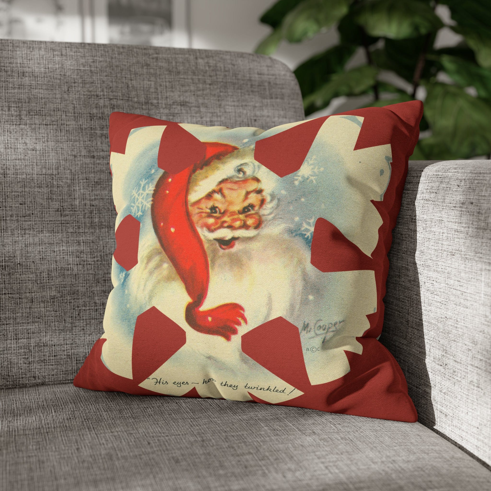 Vintage Smiling Santa, Red Christmas Snowflake Pillow Cover Home Decor