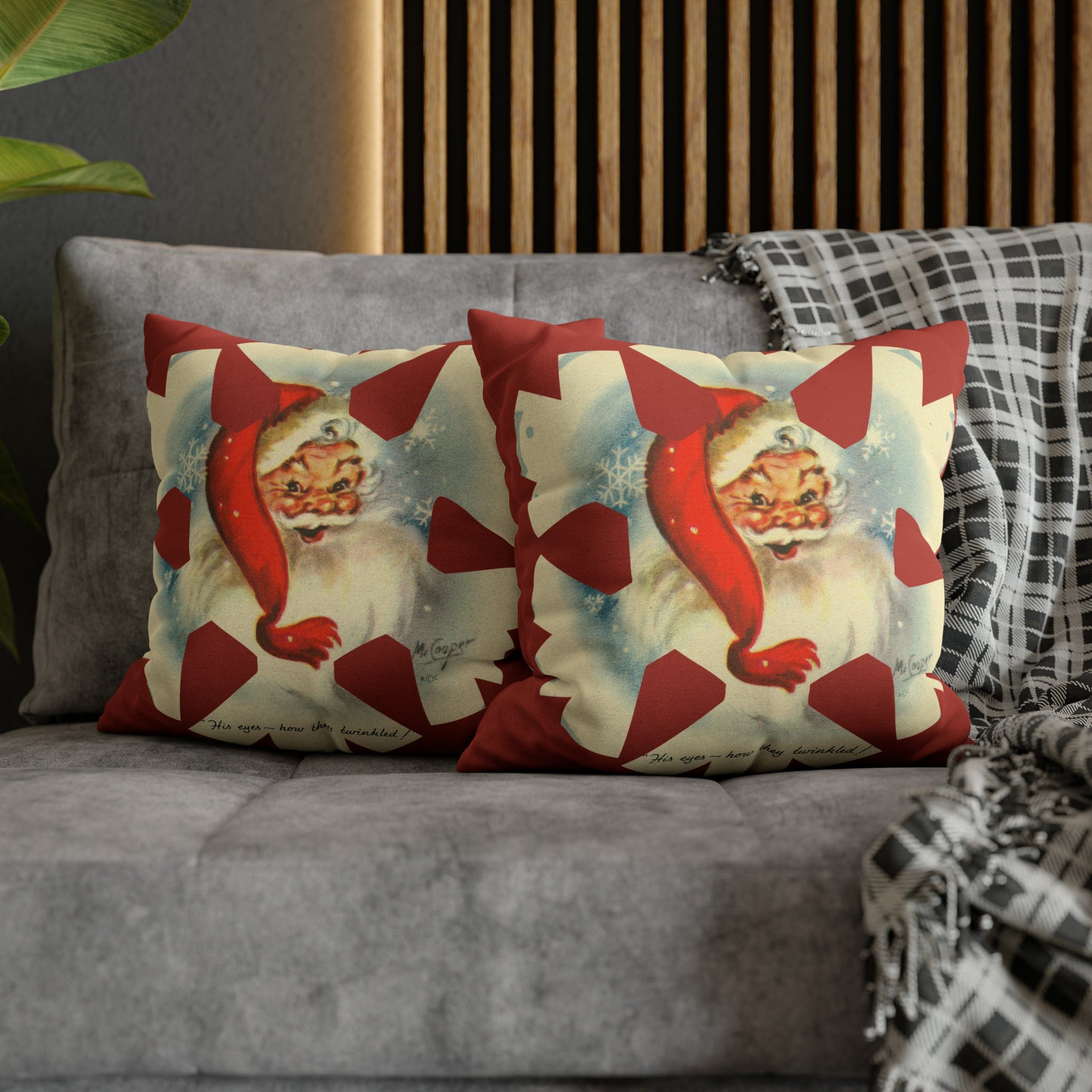 Vintage Smiling Santa, Red Christmas Snowflake Pillow Cover Home Decor