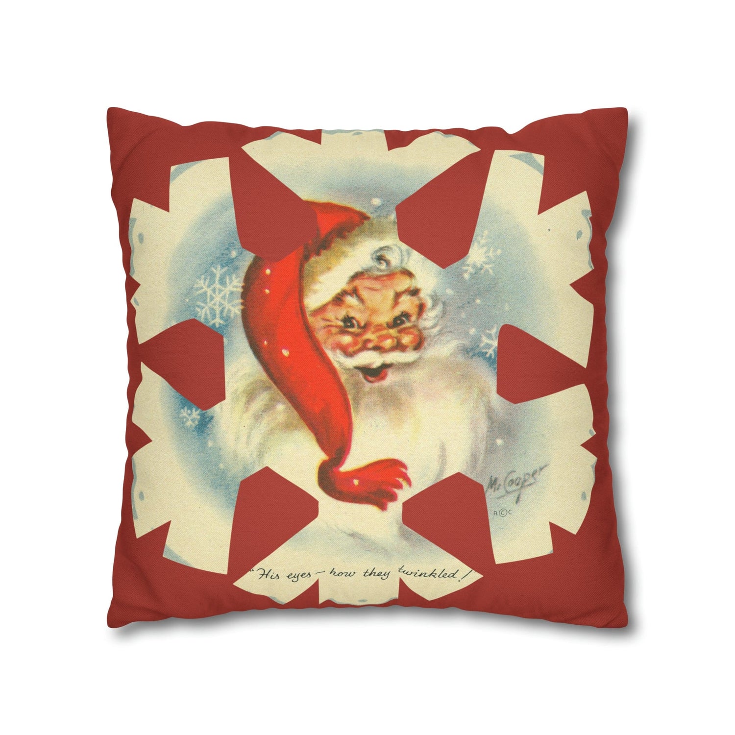 Vintage Smiling Santa, Red Christmas Snowflake Pillow Cover Home Decor