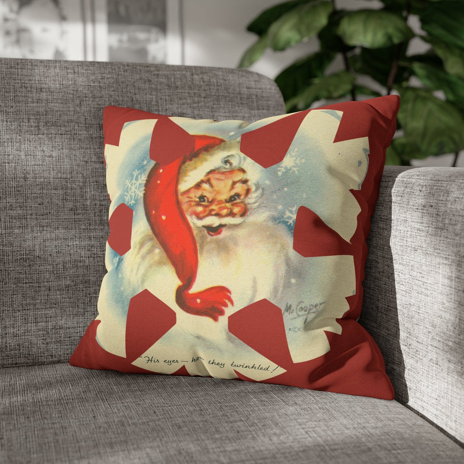 Vintage Smiling Santa, Red Christmas Snowflake Pillow Cover Home Decor