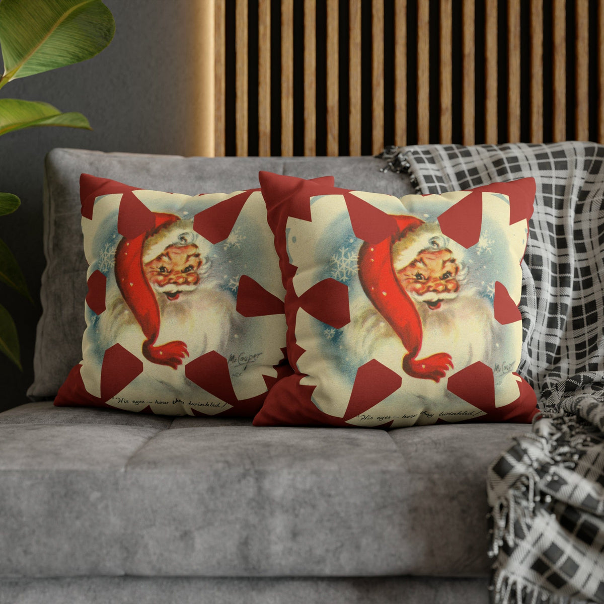 Vintage Smiling Santa, Red Christmas Snowflake Pillow Cover Home Decor